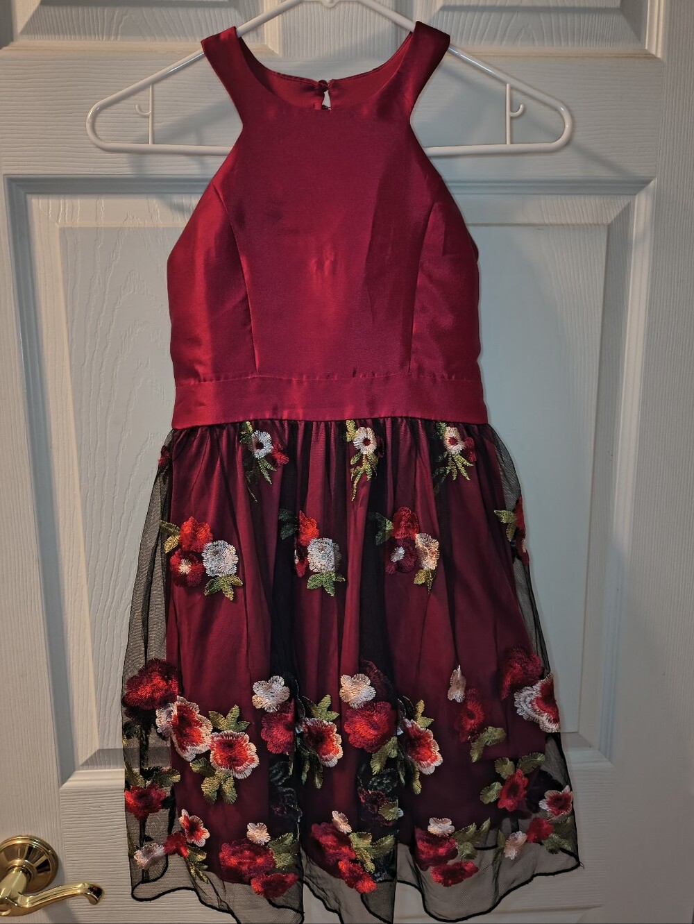 Speechless Burgundy Floral Embroidered Tulle Dress